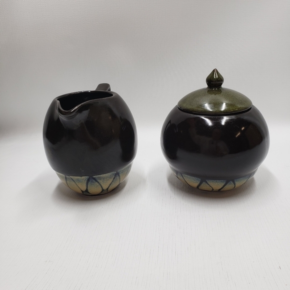 Tannex Stoneware Creamer Sugar Bowl Brown Green Tan - Picture 5 of 12